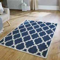 Xrugs Modern Anti Slip Rug Living Room Navy Blue Moroccan Trellis Flat Weave Carpet Small Large Runner