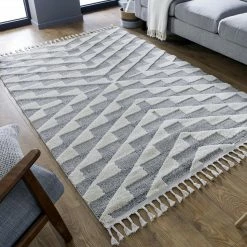 Xrugs Grey And Beige Rug Tufted Geometric Pattern Tassels Bedroom Thick Soft Carpet