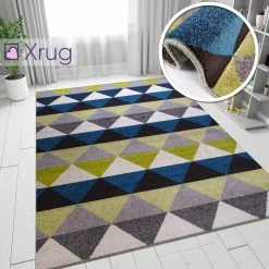 Xrugs Modern Rugs Petrol Blue Lime Green Grey Diamond Pattern Carpet Bedroom Floor Mat