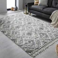 Xrugs Grey Rug Bedroom Geometric Tufted 3D Diamond Pattern Woven Carpet Tassels Mat Modern