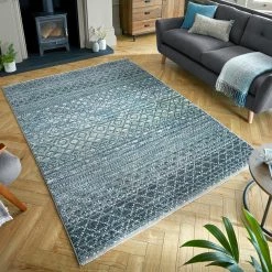 Xrugs Modern Blue Rug Grey Beige Navy Teal Denim Diamond Check Moroccan Pattern Carpet