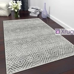 Xrugs Geometric Rug Cream Grey Check Pattern Mat New Modern Bedroom Carpet Small Large