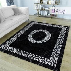 Xrugs Black Grey Marble Rug Oriental White Greek Pattern Border Design Living Room Bedroom Carpet Mat Extra Large Small