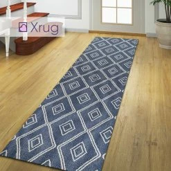 Xrugs Cotton Rug Navy Blue Diamond Pattern Washable Modern Woven Mat Carpet Small Extra Large