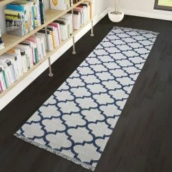 Xrugs Runner Rug Cream Blue 300cm Cotton Machine Washable With Tassels Natural Runner For Bedroom Hallway Cotton Rugs