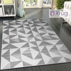 Xrugs Grey Cream Rug Geometric Pattern Woven Living Room & Bedroom Carpet Mat Small Large
