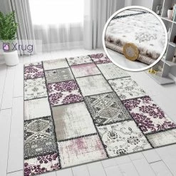 Xrugs Pink Grey Cream Rug Patchwork Pattern Small Large Wooven Carpet Living Room Bedroom Floor Mat