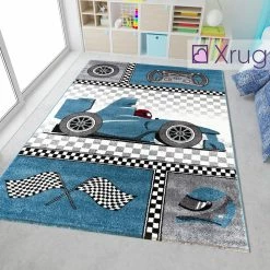 Xrugs Boys Car Rug Blue Grey White Kids Bedroom Carpet Small Large Childrens Car Mats