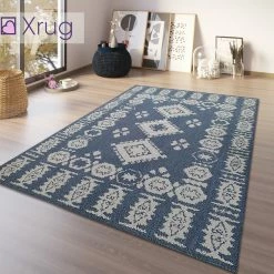 Xrugs Navy Blue Rug 100% Cotton Washable Rugs Runners Moroccan Pattern Flat Weave Area Mat Large Small