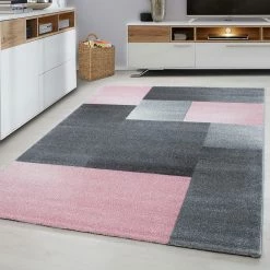 Xrugs Modern Geometric Rug Pink And Grey Check Design Mat Extra Large Small Bedroom Living Room Carpet Mat