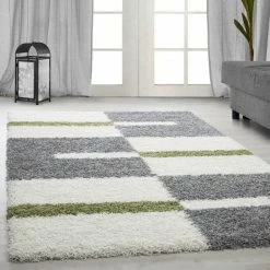 Xrugs Fluffy Rugs Deep Pile Shaggy Cream Grey Green Geometric Carpet Living Room Mats