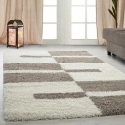 Xrugs Fluffy Shaggy Rug Cream Beige Check Carpet Geometric Small Large Room Runner Mat