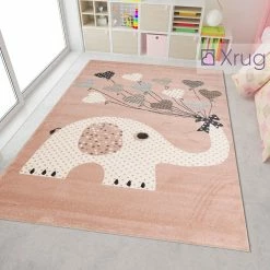 Xrugs Elephant Nursery Rug Modern Kids Room Pink Mat Childrens Animal Baby Girl Carpet