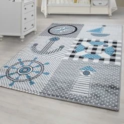 Xrugs Kids Rug Boys Nursery Grey Blue Marine Theme Mat Childrens Play Baby Room Carpet