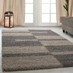 Xrugs Fluffy Rug Modern Grey Beige Deep Pile Shaggy Carpet Bedroom Floor Geometric Mat
