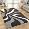 Xrug Modern Abstract Rug Black Grey White Wave Design Contour Cut Woven Low Pile Carpet Mat For Living Room & Bedroom