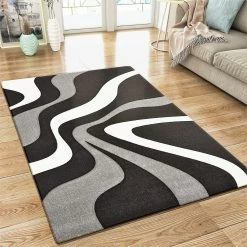 Xrug Modern Abstract Rug Black Grey White Wave Design Contour Cut Woven Low Pile Carpet Mat For Living Room & Bedroom
