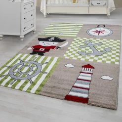Xrugs Kids Rug Beige Green Red Childrens Play Mats Nautical Theme Boys Bedroom Carpet