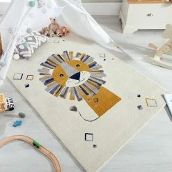 Xrug Baby Nursery Rug Cream White Kids Animal Carpet Lion Childrens Bedroom Play Mat