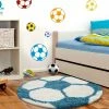 Xrug Boys Football Rug Round Fluffy White Blue Kids Mat Childrens Playroom Carpet New