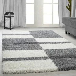 Xrugs Shaggy Rug Grey White Geometric Fluffy Mat Small Large Lounge Floor Carpet Hall