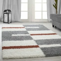Xrugs Fluffy Rug Grey Cream Terracotta Geometric Carpets Deep Pile Shaggy Bedroom Mat