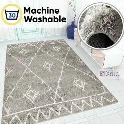 Xrugs Modern Grey Shaggy Rugs Very Soft Machine Washable Aztec Patterned Long Pile Carpet Mat