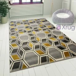 Xrugs Grey Yellow Rug Geometric Ochre Mustard Modern Pattern Carpet Room Floor Mat New