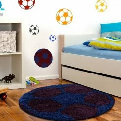 Xrug Boys Football Rug Burgundy Blue Kids Bedroom Carpet Childrens Round Fluffy Mats