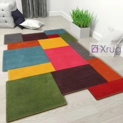 Xrug Mulitcoloured Wool Rug Thick Geometric New Carpet Bright Living Room Bedroom Mat Modern