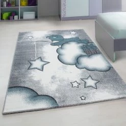 Xrug Kids Rug Grey Blue Bear Pattern Childrens Star Mat Round Nursery Playroom Carpet