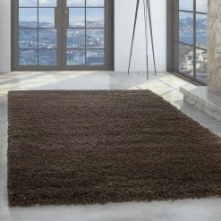 Xrugs Modern Shaggy Rug Plain Brown High Pile Woven Carpet Round Fluffy Room Mats Small Large