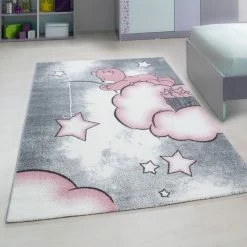 Xrug Childrens Rugs Kids Star Grey Pink Nursery Carpets Baby Room Playroom Round Mat