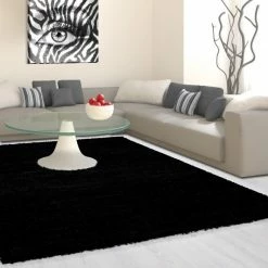 Xrugs Black Fluffy Rug Plain Deep Pile Shaggy Carpet Modern Living Room Area Mat Round