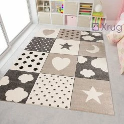 Xrugs Kids Star Rug Beige Grey Childrens Bedroom Mat Baby Nursery Playroom Carpet New