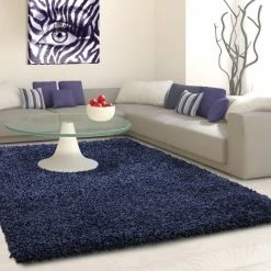 Xrugs Navy Blue Fluffy Shaggy Rug 3cm Long Pile Monochrome Plain Bedroom Carpet Deep Pile Mat Modern