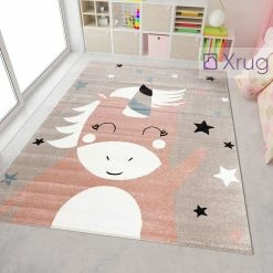 Xrugs Kids Unicorn Rug Girls Pink Beige Childrens Nursery Mat Baby Play Room Carpet