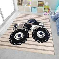 Xrugs Boys Car Rug Beige Navy Blue Monster Truck Kids Carpet Childrens Round Floor Mat
