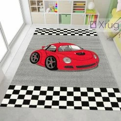 Xrugs Childrens Car Rug Baby Boy Modern Kids Bedroom Carpet Red Black Grey Nursery Mat