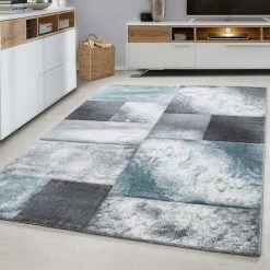 Xrugs Modern Rug Geometric Silver Grey Blue Checkered Carpet Bedroom Floor Hallway Mat