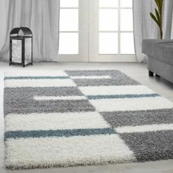 Xrugs Fluffy Shaggy Rug White Grey Blue Geometric Pattern Mat Living Room Hall Carpets