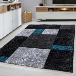 Xrugs Geometric Rug Black Silver Blue Grey Check Carpet Small Large Bedroom Floor Mat Modern