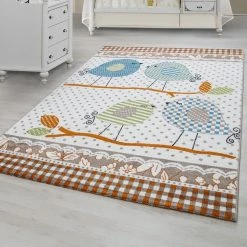 Xrugs Childrens Rugs Cream Blue Green Birds Pattern Carpet Kids Bedroom Baby Play Mat