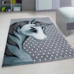Xrug Kids Unicorn Rug Grey Blue White Childrens Animal Mats Round Nursery Play Carpet