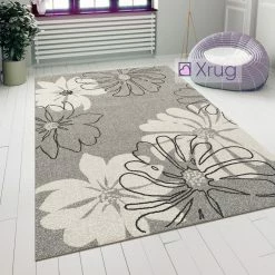 Xrugs Modern Floral Design Rug Silver Grey White Soft Low Pile Woven Floor Carpet For Living Room Or Bedroom