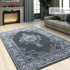 Xrugs Modern Oriental Grey Rug Thick Soft Damask Style Pattern Border Design Traditional Carpet Extra Large XL Small