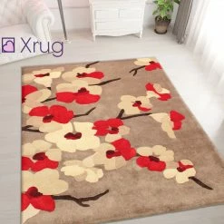 Xrugs Red Beige Rug Thick Soft Carpet Hand Carved Floral Pattern Small Large Circle XL