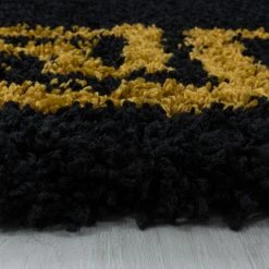 Xrug Black Fluffy Rug SOFT Thick Gold Greek Key Pattern Large Small Bedroom Living Room Shaggy Carpet
