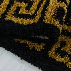 Xrug Black Fluffy Rug SOFT Thick Gold Greek Key Pattern Large Small Bedroom Living Room Shaggy Carpet