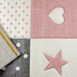 Xrugs Kids Nursery Rug Pink Grey Star Carpet Woven Girls Bedroom Childrens Play Room Mat